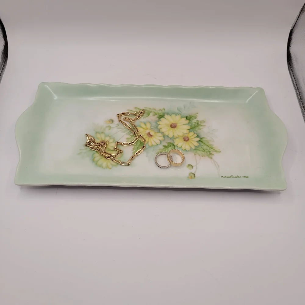 Vintage Hand Painted Floral Ceramic Vanity Tray Serving Plate Artist Signed